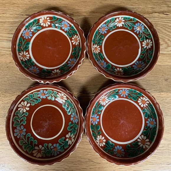 4 Pottery Bowls Majolica Hand Painted Floral Red Yellow Green - Picture 2 of 10
